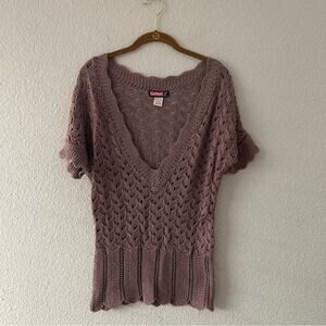 Y2K Lavender Low V Sweater Top Open Knit Purple Shirt Vintage